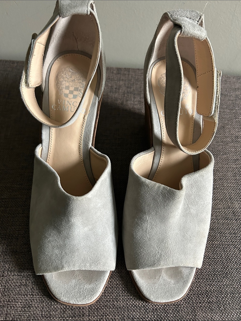 Vince Camuto Pale Gray Suede Open-Toe Ankle-Strap Heels